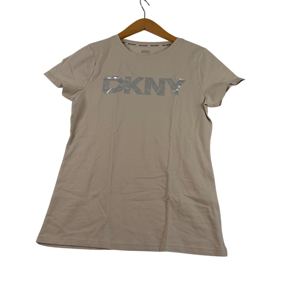 DKNY Sport Womens Small Tan Beige Silver Metallic Logo Short Sleeve T-Shirt